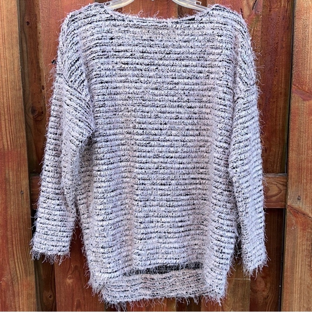 Jones New York Black White Fuzzy Eyelash Textured Striped Sweater Small S